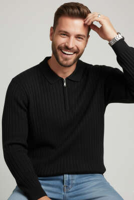 Pazarium - Polo Yaka Çizgi Detaylı Erkek Kazak Siyah