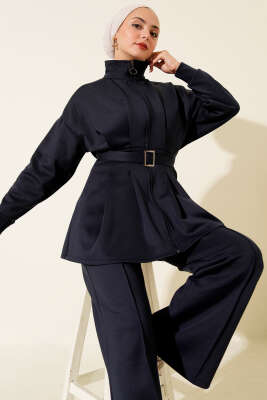 Uzun Pensli Kemerli İkili Takım Lacivert - Thumbnail