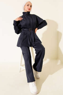 Uzun Pensli Kemerli İkili Takım Lacivert - Thumbnail