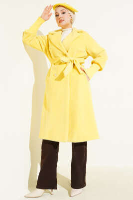 Pazarium - Kol Ribanalı Kuşaklı Tay Tüyü Kaban Sarı