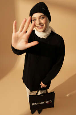 Pazarium - Sarmal Kabartmalı Yumoş Triko Tunik Siyah