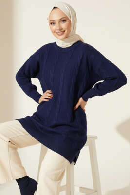 Pazarium - Sarmal Kabartmalı Yumoş Triko Tunik Lacivert
