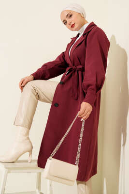 Pazarium - Kruvaze Yaka Kuşak Detaylı Trençkot Bordo