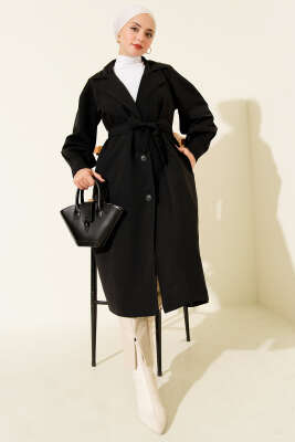 Pazarium - Kruvaze Yaka Kuşak Detaylı Trençkot Siyah