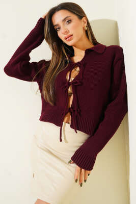 Önü İp Bağlamalı Triko Hırka Bordo - Thumbnail