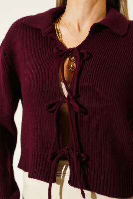 Önü İp Bağlamalı Triko Hırka Bordo - Thumbnail