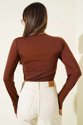 Uzun Kol Çıtçıtlı Body Kahve - Thumbnail