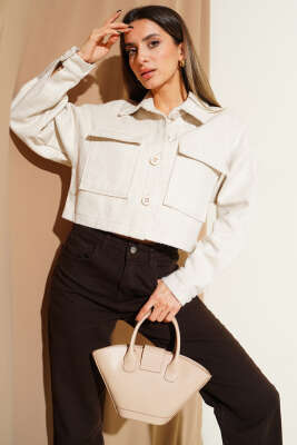 Pazarium - Göğüs Cepli Kısa Kaşe Ceket Taş