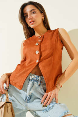 Pazarium - Düğmeli Süet Yelek Taba