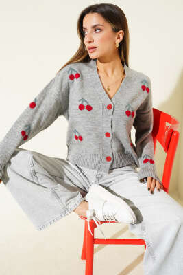 Pazarium - Kiraz Desenli Triko Hırka Gri