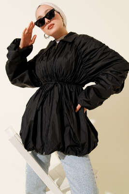 Pazarium - Kol Büzgülü Fermuarlı Trençkot Siyah