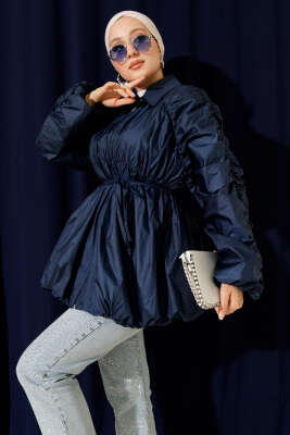 Kol Büzgülü Fermuarlı Trençkot Lacivert - Thumbnail