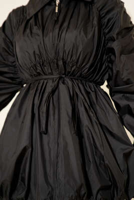 Kol Büzgülü Fermuarlı Trençkot Siyah - Thumbnail