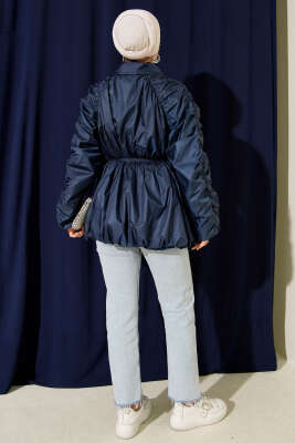 Kol Büzgülü Fermuarlı Trençkot Lacivert - Thumbnail