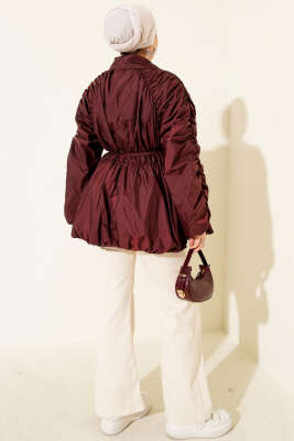 Kol Büzgülü Fermuarlı Trençkot Bordo - Thumbnail