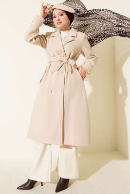 Pazarium - Boydan Düğmeli Kruvaze Yaka Kaşe Kaban Ekru