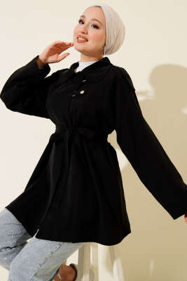 Pazarium - Omuz Apoletli Tensel Trençkot Siyah