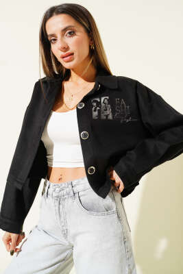 Pazarium - Baskılı Kısa Kaşe Ceket Siyah