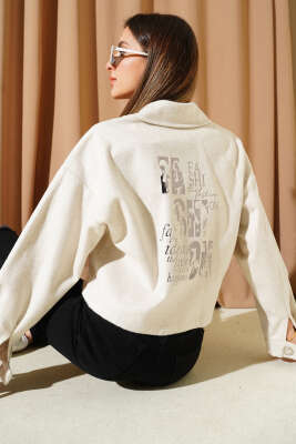 Baskılı Kısa Kaşe Ceket Taş - Thumbnail