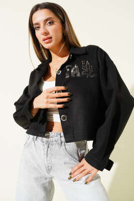 Baskılı Kısa Kaşe Ceket Siyah - Thumbnail