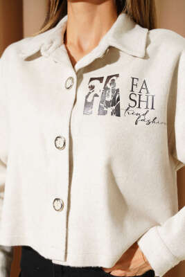 Baskılı Kısa Kaşe Ceket Taş - Thumbnail