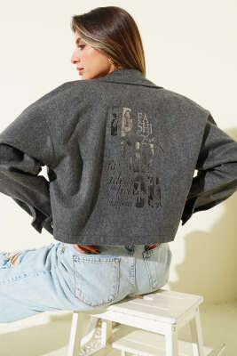 Pazarium - Baskılı Kısa Kaşe Ceket Füme