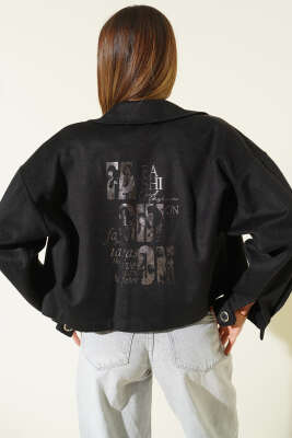 Baskılı Kısa Kaşe Ceket Siyah - Thumbnail