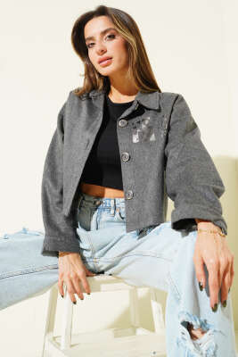 Baskılı Kısa Kaşe Ceket Füme - Thumbnail