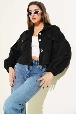 Pazarium - Çizgi Düğme Detaylı Kaşe Ceket Siyah