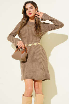 Pazarium - Bisiklet Yaka Fitilli Triko Kısa Elbise Vizon