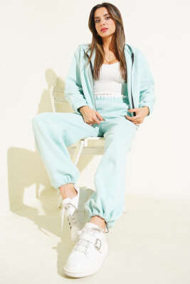 Pazarium - Garnili Kapüşonlu İkili Takım Mint Yeşili
