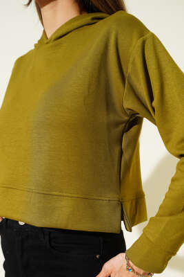 Loyşa Kapüşonlu Kısa Sweatshirt Yağ Yeşili - Thumbnail