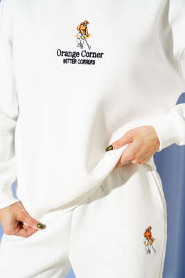 Nakış Detaylı Üç İplik Sweatshirt Ekru - Thumbnail