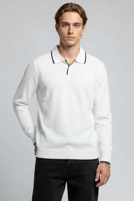 Pazarium - Polo Yaka Uzun Kollu Erkek Triko Sweatshirt Beyaz