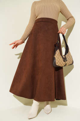 Pazarium - Bel Lastikli Süet Etek Kahve