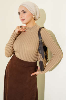 Fitilli Esnek Triko Kazak Camel - Thumbnail