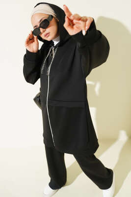 Pazarium - Kapüşonlu Fermuarlı Scuba İkili Takım Siyah