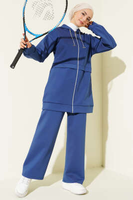 Pazarium - Kapüşonlu Fermuarlı Scuba İkili Takım Lacivert
