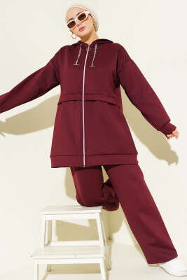 Pazarium - Kapüşonlu Fermuarlı Scuba İkili Takım Bordo