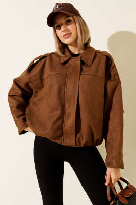 Gömlek Yaka Fermuarlı Süet Ceket Kahve - Thumbnail