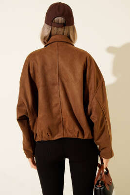 Gömlek Yaka Fermuarlı Süet Ceket Kahve - Thumbnail