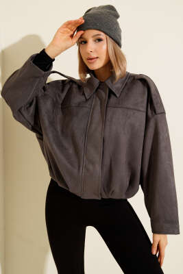 Gömlek Yaka Fermuarlı Süet Ceket Antrasit - Thumbnail