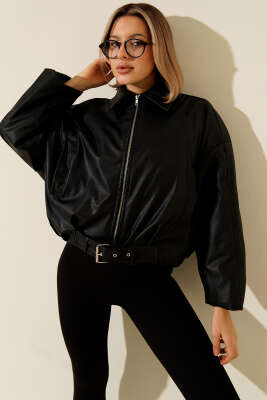 Bomber Kemer Detaylı Deri Ceket Siyah - Thumbnail