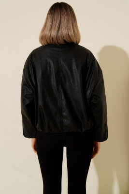 Bomber Kemer Detaylı Deri Ceket Siyah - Thumbnail