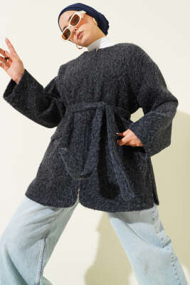 Pazarium - Fermuarlı Kuşaklı Keçe Ceket Lacivert