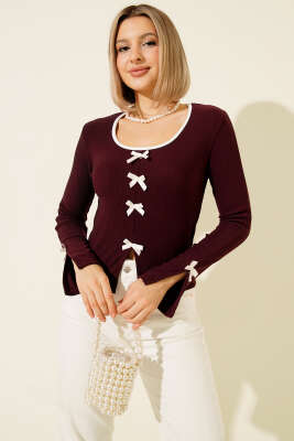 Kurdele Fiyonklu Fitilli Bluz Mürdüm - Thumbnail