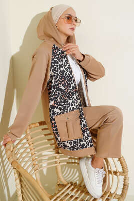 Pazarium - Kapüşonlu Cepli Leoparlı Scuba İkili Takım Latte