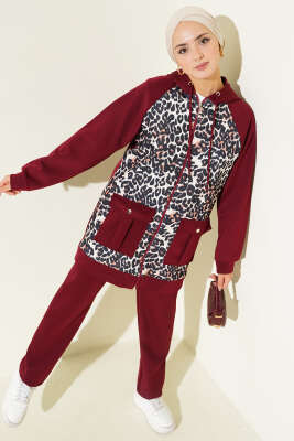 Pazarium - Kapüşonlu Cepli Leoparlı Scuba İkili Takım Bordo