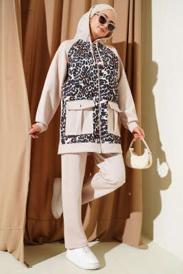 Pazarium - Kapüşonlu Cepli Leoparlı Scuba İkili Takım Bej