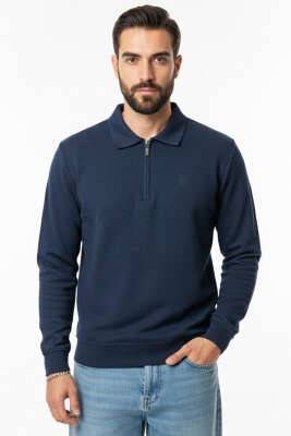 Pazarium - Polo Yaka Triko Fermuarlı Erkek Sweatshirt Lacivert